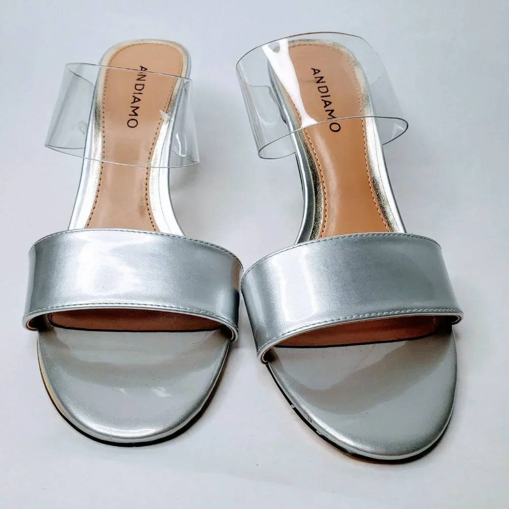 Andiamo Double Trouble Metallic Silver Clear Strap Heels Slip On Stiletto 8.5